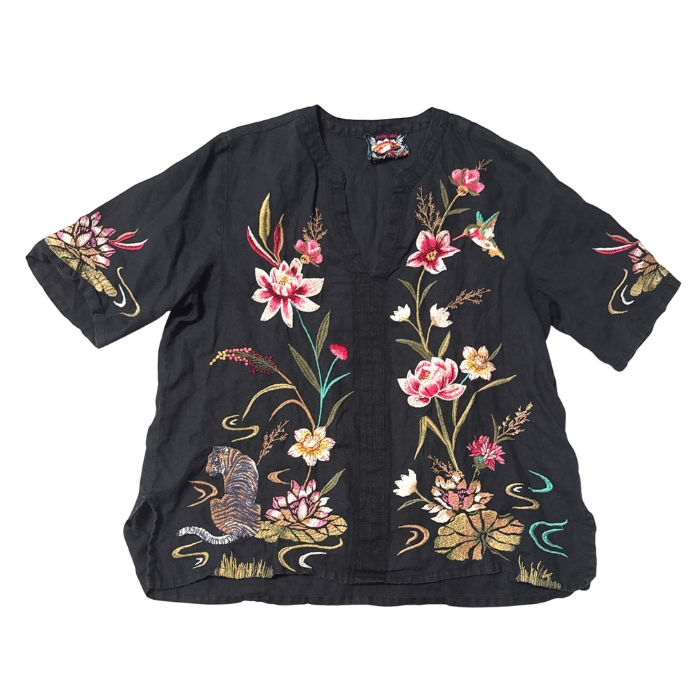 Johnny Was Maisie Easy Linen V Neck Top Large Black Embroidered hummingbird L